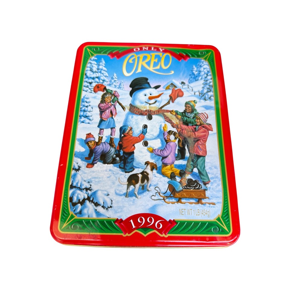 Vintage 1996 Oreo‎ Christmas Winter Snowman Scene Tin Canister Nabisco